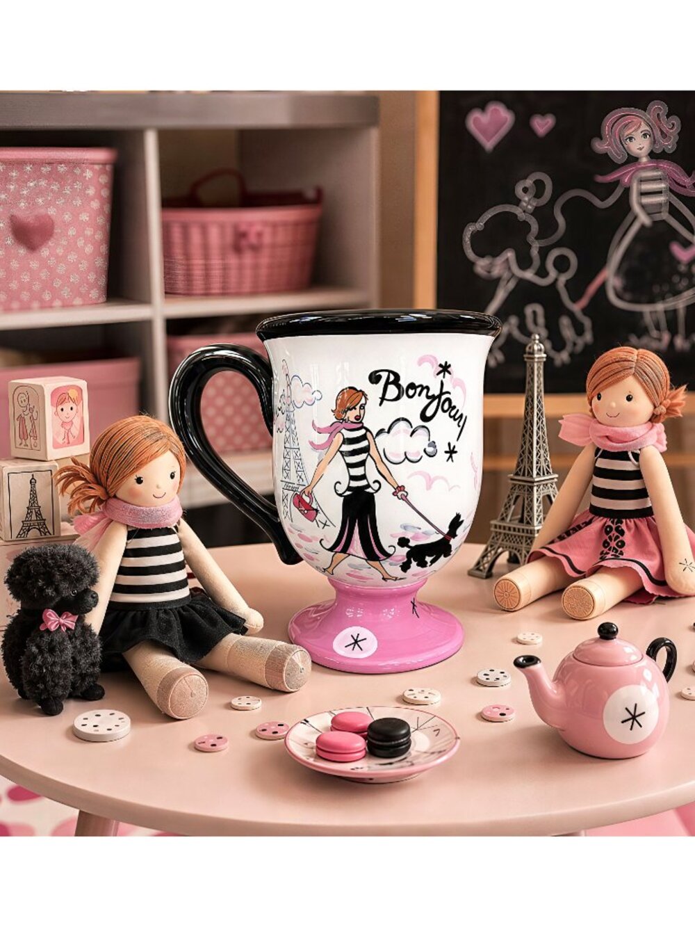 Paris themed pedestal mug, Jennifer Brinley Bonjour cup, Certified International